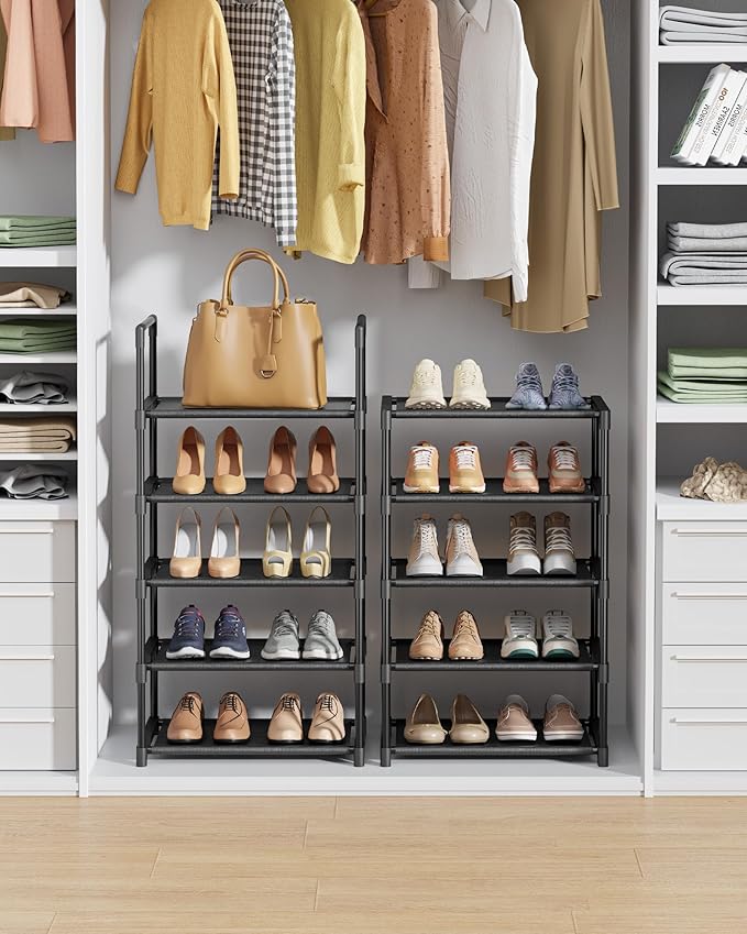 Kitsure Shoe Rack - 10-Tier Shoe Organizer with Detachable Fabric Shelves & Metal Frame, Tall Shoe Rack for Closet, Entryway, Living Room, 16.9" Wide - 10 Tier, Black