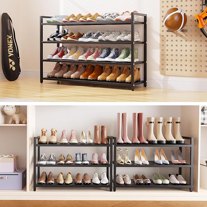 3-Tier Heavy Duty Metal Shoe Rack, 200 LBS Load Capacity, Sturdy Free Standing Shoe Storage Organizer, Holds 9-12 Pairs, 28.7" W x 9.8" D x 19.7" H Black for Entryway, Closet, Bedroom & Dorm