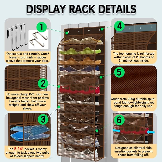 Kotkn Over The Door Shoe Organizer with 12 Large Breathable Pockets - Durable Hanging Storage for the Entire Family's Shoes (Espresso)