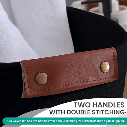 3 Pack Cotton Rope Storage Basket Woven Shelf Storage Bin with Faux Leather Handles, Decorative Closet Shelf Woven Basket for Storage Organizers, 15 x 10 x 9, Black