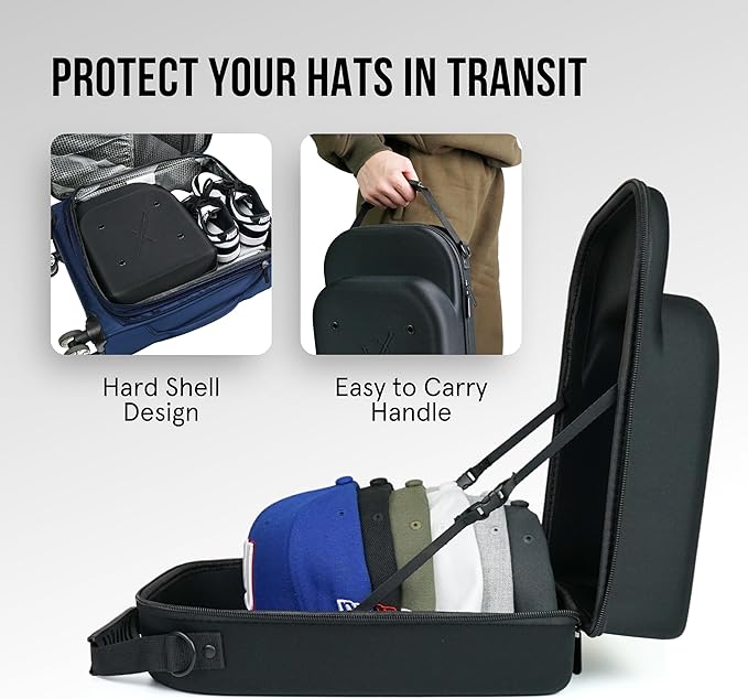 Hat Travel Case for Baseball Caps – Hard Shell Travel Hat Case with Carrying Handle & Adjustable Shoulder Strap – Baseball Hat Holder – 6 Hat Capacity – Travel Accessories for Men – Black Hat Caddie