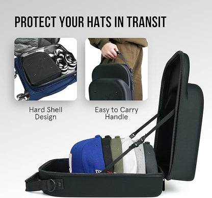 Hat Travel Case for Baseball Caps – Hard Shell Travel Hat Case with Carrying Handle & Adjustable Shoulder Strap – Baseball Hat Holder – 6 Hat Capacity – Travel Accessories for Men – Black Hat Caddie