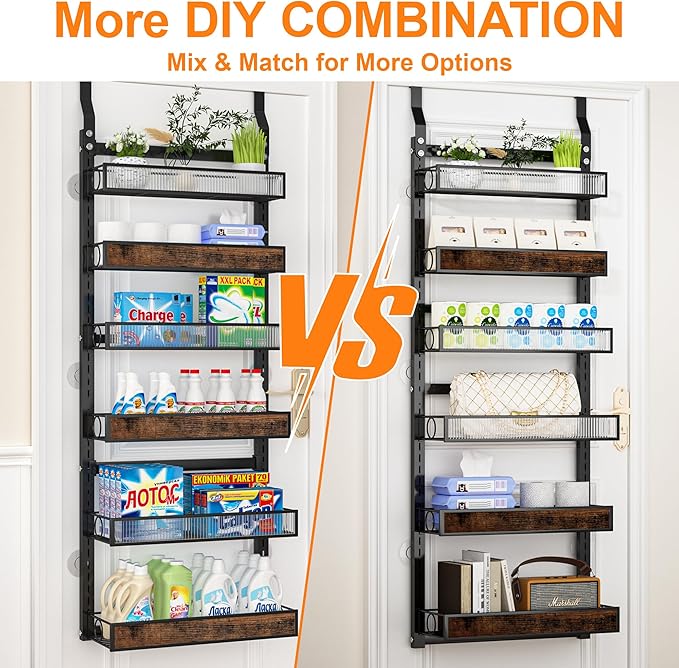 6 Tier Pantry Door Organizer Spice Rack, 2-IN-1 Wall Mount or Hanging Over Door Seasoning Organizer with Adjustable Baskets, Heavy Duty Behind Door Storage Shelves for Pantry, Cabinet and Kitchen
