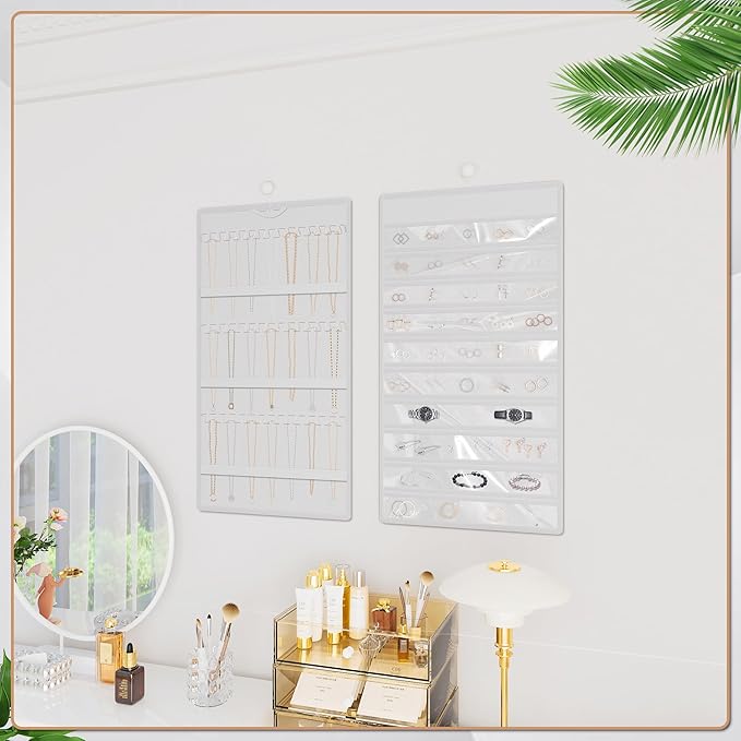 Hanging Jewelry Organizer Storage Roll, Double-Sided Necklaces Holder, 42 Pockets Plus 36 hooks Earrings Organizer Hang in Closet, On Wall, or Doors, White