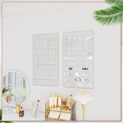 Hanging Jewelry Organizer Storage Roll, Double-Sided Necklaces Holder, 42 Pockets Plus 36 hooks Earrings Organizer Hang in Closet, On Wall, or Doors, White
