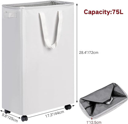 efluky Slim Laundry Hamper with Wheels, Rolling Laundry Basket for Clothes, Small Laundry Basket for Bedroom, Dorm and Laundry Room, 75L (19.8 Gallons) White