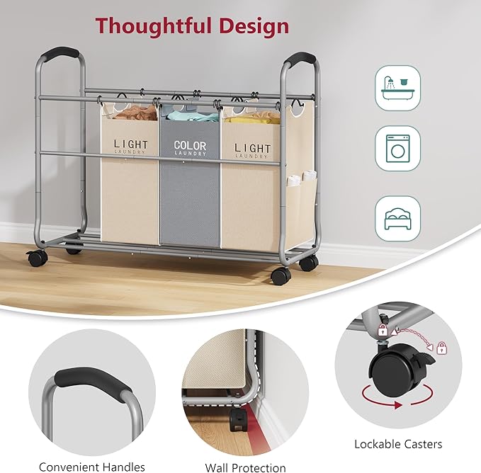 Tajsoon Laundry Sorter 4 Sections, Laundry Separator Hamper with Heavy Duty Lockable Rolling Wheels, Laundry Divider with Removable Bags for Dirty Clothes Storage, Beige & Grey