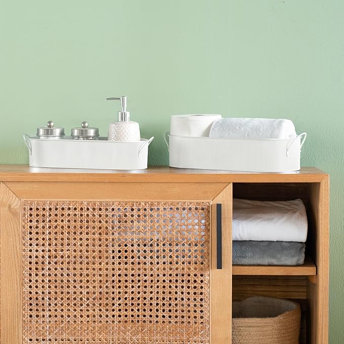 Mkono Metal Storage Basket for Toilet Tank Top Bathroom Decor, Galvanized Tray with Handle for Shelves, Farmhouse Toilet Paper Holder Organizing Bin Box for Countertop Living Room, Set of 2, White