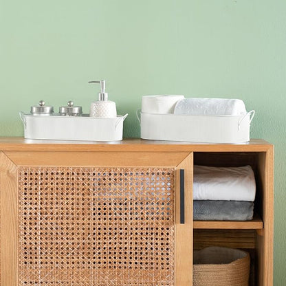 Mkono Metal Storage Basket for Toilet Tank Top Bathroom Decor, Galvanized Tray with Handle for Shelves, Farmhouse Toilet Paper Holder Organizing Bin Box for Countertop Living Room, Set of 2, White