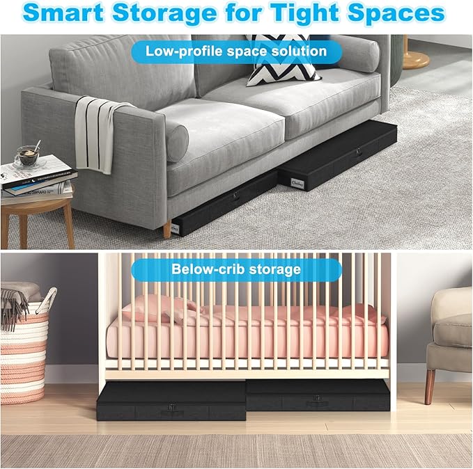 Under Bed Storage Container Bins 4 Pack, 5 Inch Thin Low Profile Underbed Clothes Storage Organizer for Dorm & Home, Use for Blanket and Toy Storage Box W/ Sturdy Bottom/Sides, Foldable Thick Fabric