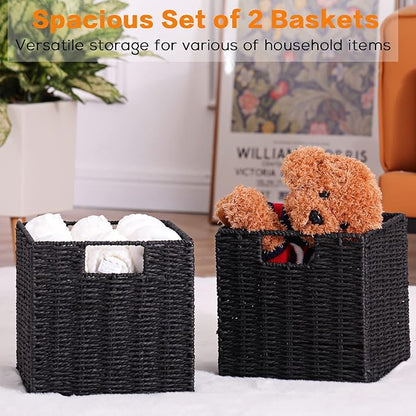Vagusicc Storage Basket, Set of 2 Hand-Woven Storage Baskets for Organizing with Handles, Foldable Cube Storage Baskets Bins Organizer, 13 inch Large Wicker Baskets for Shelves & Decor, Black