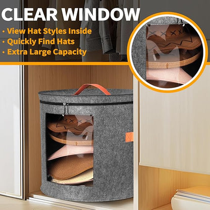 kushon Oversized Hat Storage Box for Women & Men，19" D x 17" H Cowboy Hat Boxes with 1 Wood Hook Felt travel Round Hat Organizer Box with Dustproof Lid (Gray)