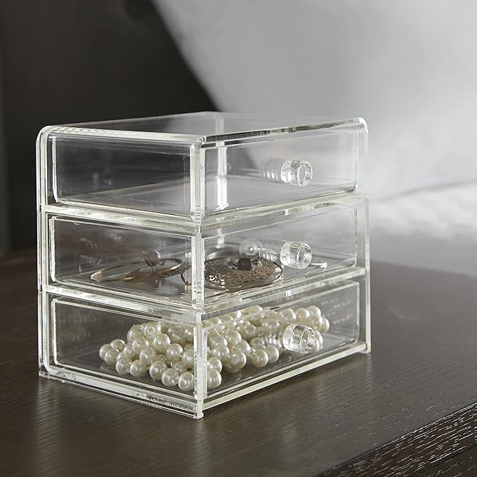 Huang Acrylic Clear Acrylic 3-Drawer Organizer, Large Makeup Jewelry Accessories Cosmetic Countertop Storage Display 5.15 x 4.7 x 4.5 inches