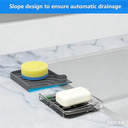 Sponge Holder for Kitchen Sink, Dish Sponge Holder & Soap Tray with Drain, Bathroom Sink Sponge Drying Rack & Perfect Organizer for Dispenser,Bottle,Cup on Sinks or Counter(10"x 4"Gray)