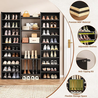 Unikito 14-Tier Shoe Cabinet, Wood Shoe Storage Organizer for Entryway, Freestanding Shoe Rack Cabinet with 22 Open Cubbies for Front Door Entrance, Living Room, Hallway, Bedroom, Black