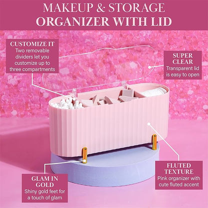 Paris Hilton Makeup & Storage Organizer with Lid, Customizable 3-Compartment Tray, Elegant Ribbed Design, Compact & Durable, Pink