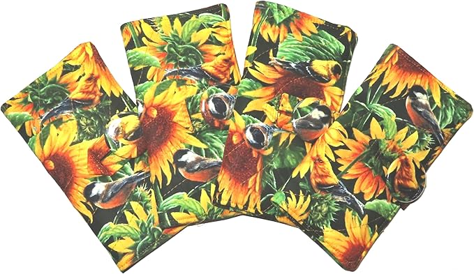 Tea Bag Wallet Includes 4 Tea Bags, Sunflowers & Songbirds, English Tea Time, Quilted Handcrafted, Securely Holds Tea Bags