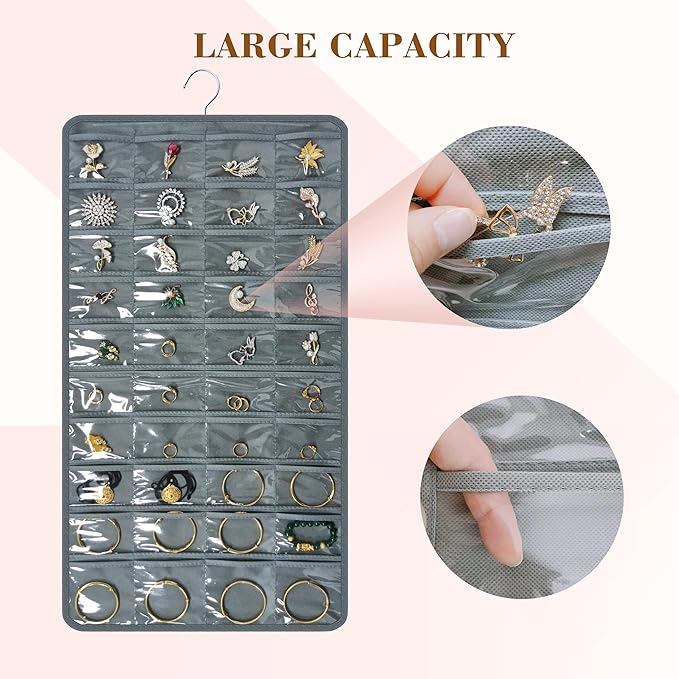 Hanging Jewelry Organizer for Closet Wall Door Double-Sided Jewelry Holder for Earrings, Necklaces, Rings 1 Pcs (Grey)