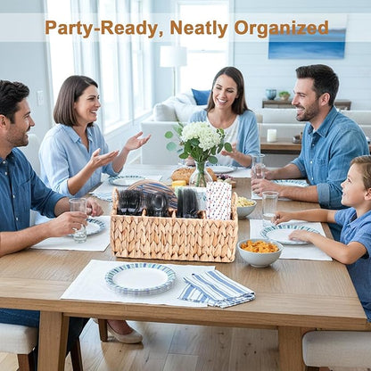 Wicker Party Silverware Caddy, Water Hyacinth Plastic Cutlery Utensil Holder, Hand Woven with Handles, Kitchen Countertop and Picnic flatware Organizer (5 compartments)
