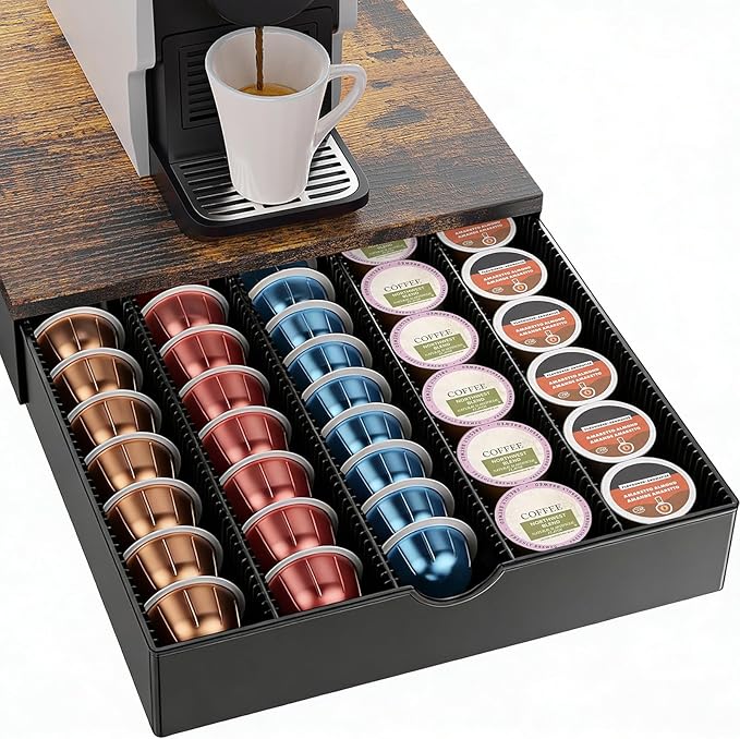 Coffee Pods Drawer Organizer Compatible with Nespresso Vertuo Pods Holds Up to 60 Small or 40 Large (Brown)