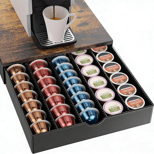 Coffee Pods Drawer Organizer Compatible with Nespresso Vertuo Pods Holds Up to 60 Small or 40 Large (Brown)
