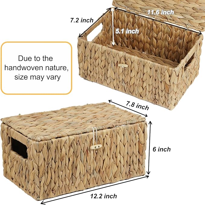 Water Hyacinth Baskets for Organizing, Rectangular Wicker Basket with Lid, Storage Baskets Bins with Built-in Handles for Shelf, Decorative Woven Basket Boxes for Storage Home Organizer Decor