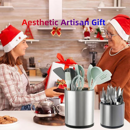 LIBODOUR Kitchen Utensil Holder Extra Large Rotating For Counter Organizer Stainless Steel Storage Cooking Silverware Caddy 3 Compartment Flatware Spoon Spatula Tool Cutlery Container（2 Set Silvery）