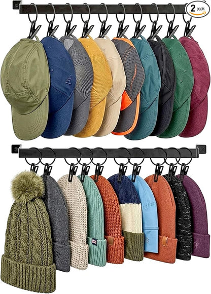Hat Rack for Wall Baseball Cap Set of 2, Metal Hat Hanger with Hooks, Wall Mount Cowboy Hat Storage Display Sock Scarf Organizer for Door Closet Entryway Bedroom