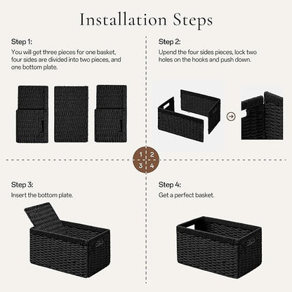 joybest Black Wicker Baskets for Shelves, 13.4L x 8.3W x 7.1H inch Hand-woven Storage Baskets for Pantry Organizing, Foldable Rectangular Bin with Handles, 2-pack