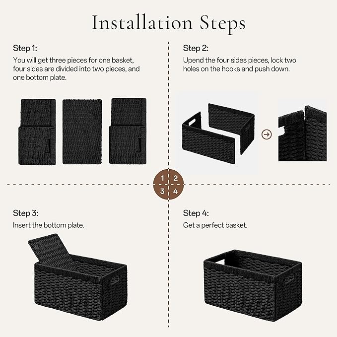 joybest Black Wicker Storage Baskets for Shelves, Hand-woven Storage Baskets for Organizing and Home Decor, Foldable Rectangular Bins with Built-in Handles 13L x 10W x 5H inch, 4-pack
