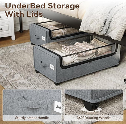 Under Bed Storage With Wheels, Tall Under The Bed Storage, Underbed Storage Containers With Lids, Metal Frame, 90L Capacity, Large Size