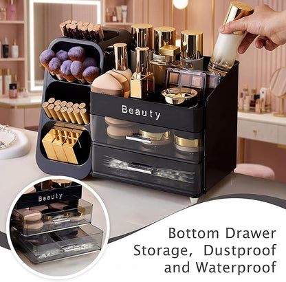 Makeup Organizer for Vanity with Brush Holder, Countertop Makeup organizer with Drawers for Skincare, Cosmetics, Perfumes, Eyeshadow Palettes, Spacious Cosmetic storage organizer
