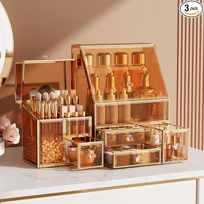 CoralHouse Makeup Organizer Amber,Glass Vanity Organizer for Skincare, Lipsticks, Perfume, Makeup Brushes – Countertop Cosmetic Storage Box for Women, Bathroom & Dresser