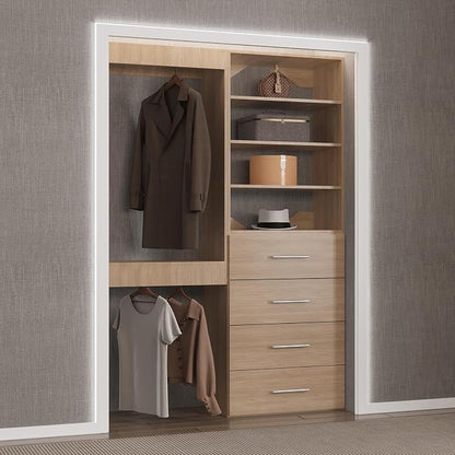 Modular Closet System, 58" Wide Closet Organizer System with Tower and Drawers, Wood Tower Closet Storage for Walk In Closets, Wall Mounted Wardrobe Organizer Kit System, Bedroom, Wood