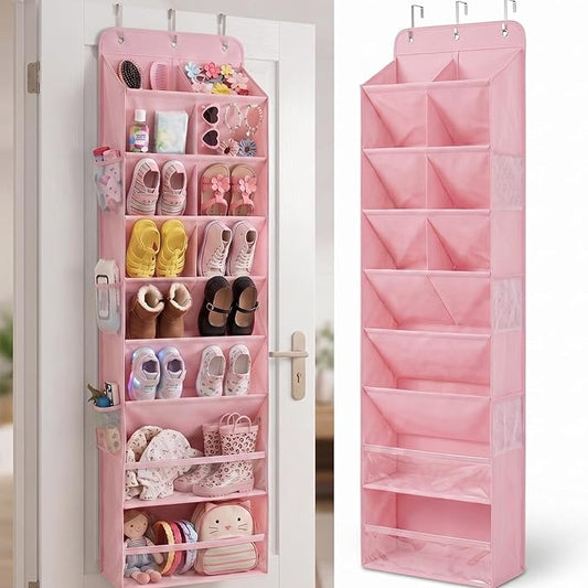 HOMELUX THEORY 8 Tiers Over The Door Shoe Organizer - 100D Extra Thick Shoe Rack for Closet, 6 Deep Side Pockets Shoe Rack for Entryway & Hanging Shoe Organizer for Closet for Boots (V2, Pink)