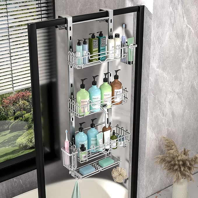 HapiRm Hanging Shower Caddy Organizer - Shower Shelf with 22 Hooks and 2 Toothbrush Holders, No Drilling Adjustable Hanging Bathroom Organizer - Silver