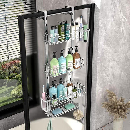 HapiRm Hanging Shower Caddy Organizer - Shower Shelf with 22 Hooks and 2 Toothbrush Holders, No Drilling Adjustable Hanging Bathroom Organizer - Silver