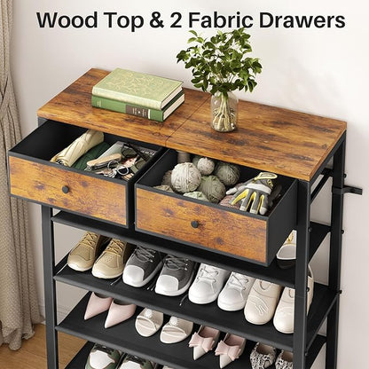 Kitstorack Shoe Rack, 4 Tier Shoe Organizer for 9-12 Pairs of Shoes, with 2 Drawers, 3 Fabric Shelves and Wooden Top, Shoe Rack for Closet Entryway, Rustic Brown