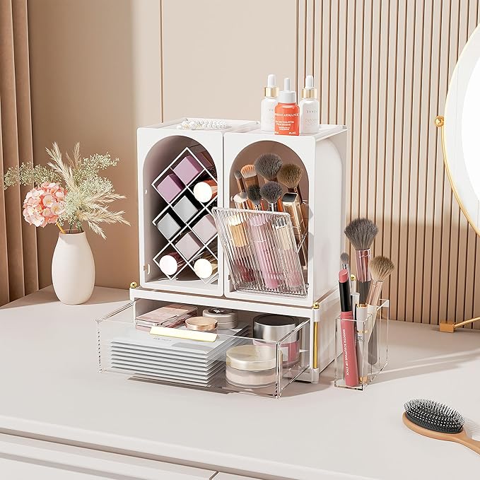 FOLLOWIN Compact Makeup Organizer Set, Lipstick Holder with Grid,Makeup Brush Organizer with Flip Drawer, 2 Ways to Arrange, Milk White Vanity Countertop Storage with Detachable Drawer for Cosmetics