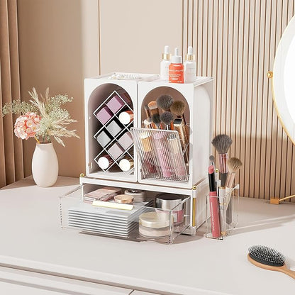 FOLLOWIN Compact Makeup Organizer Set, Lipstick Holder with Grid,Makeup Brush Organizer with Flip Drawer, 2 Ways to Arrange, Milk White Vanity Countertop Storage with Detachable Drawer for Cosmetics