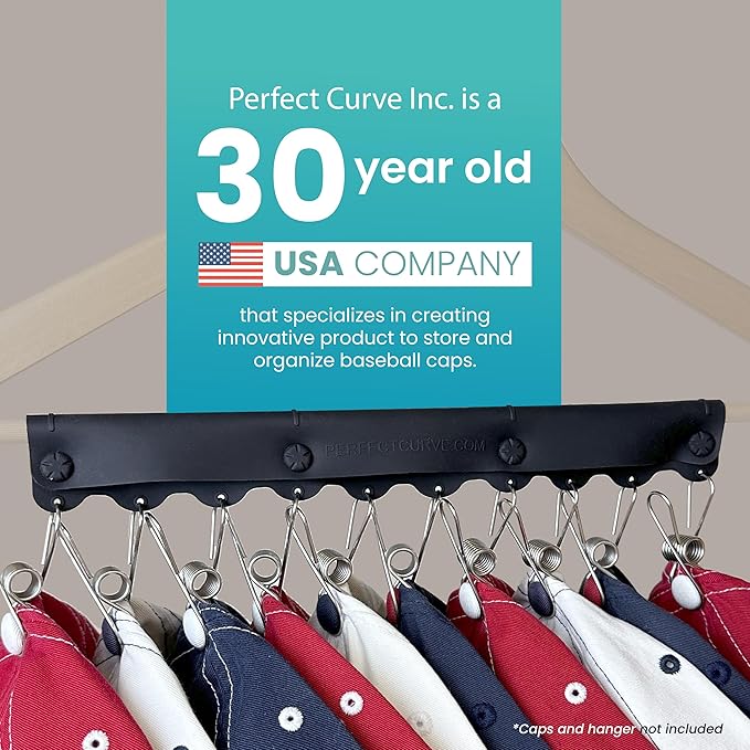 Perfect Curve Baseball Cap Hanger - Store 10 Caps with Button Clip Design, Silicone & Metal Construction, Black, 1-Pack