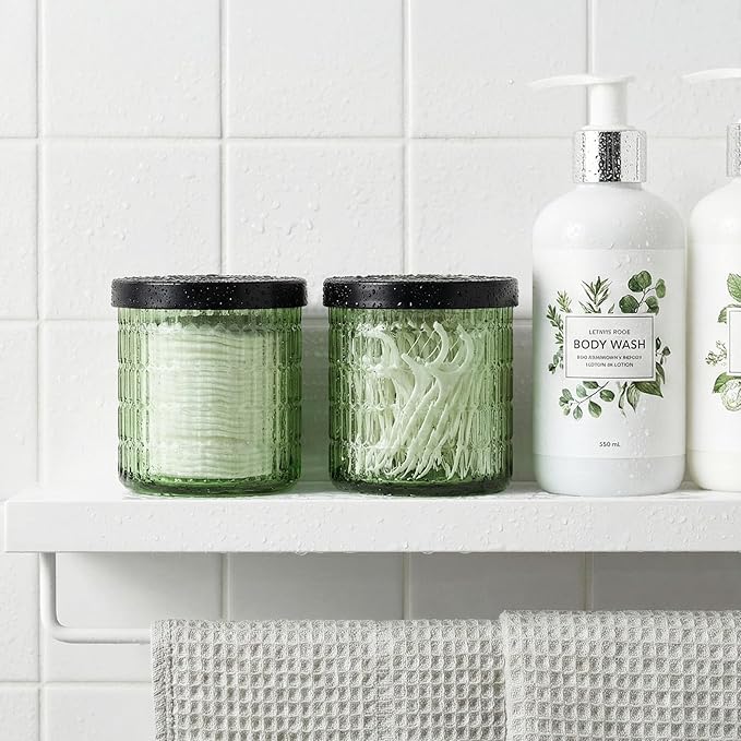 Bathroom Storage Organizer - 2 Pack Glass Qtip Holder Dispenser, Vanity Organizer, Bathroom Essentials Decor Canister for Cotton Swabs, Cotton Balls, Pads, Floss Picks (Green)