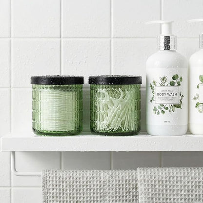 Bathroom Storage Organizer - 2 Pack Glass Qtip Holder Dispenser, Vanity Organizer, Bathroom Essentials Decor Canister for Cotton Swabs, Cotton Balls, Pads, Floss Picks (Green)