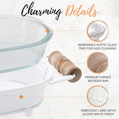 Autumn Alley White Farmhouse Soap Dish for Bathroom – Fun Kitchen Soap Tray – Farmhouse Bathroom Accessories – Rustic Soap Dish – Wooden Handles Add Vintage Appeal – Cute Bathtub Decor