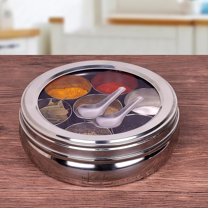 Stainless Steel Belly Shape Spice Box | Masala Dabba | Multipurpose Container/Organizer with See Through Lid with 7 Containers and Small Spoon/Medium