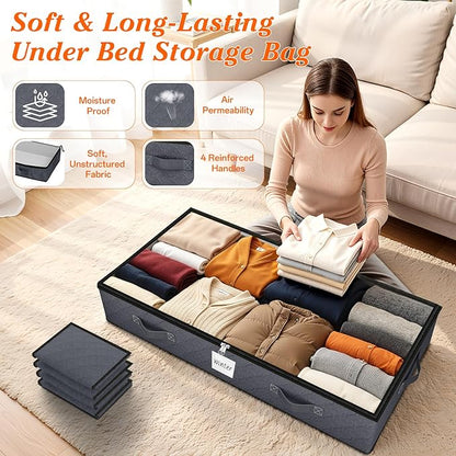 SpaceWhisper 90L Under Bed Storage Containers, 4-Pack Storage Bins with Clear Top, Foldable Closet Organizers and Storage with Label Holder for Clothing, Blankets, Comforter & Pillows (Grey)