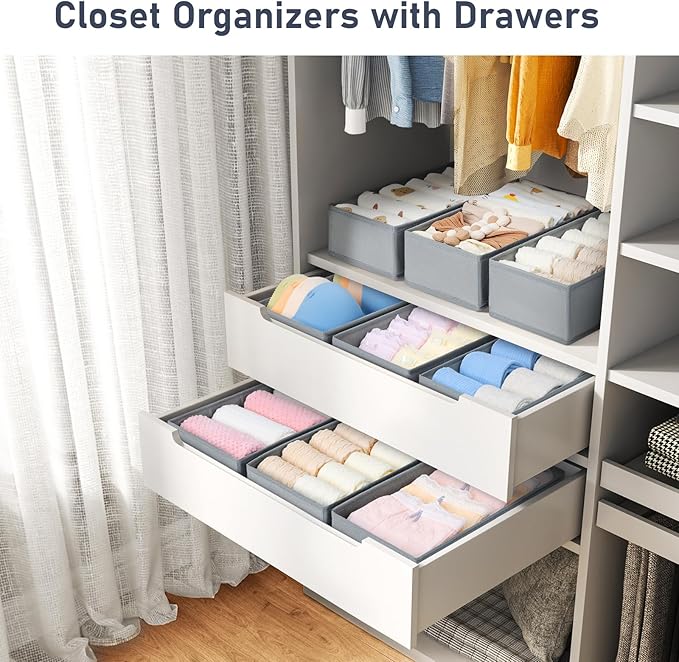 DIMJ Drawer Organizer Clothes - Underwear Organizer Small Sock Organizer Closet Organizers and Storage Box Dresser Drawer Dividers for Baby Clothes,Bra,Socks, Belt, Tie, Set of 12, Grey