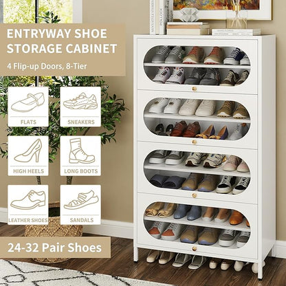 Foreate 8-Tier Tall Shoe Storage Cabinet with 4 Flip-Up Doors & Removable Shelves, 54” Metal Cabinet Shoe Rack Organizer for 24-32 Pair Shoes, Freestanding Modern Entryway Shoe Cabinet, PC Door