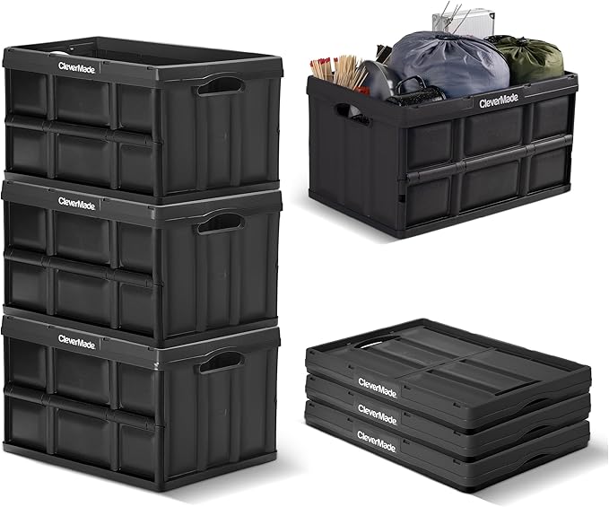 CleverMade Collapsible Storage Bins 62L (3-Pack) – Heavy Duty Collapsible Plastic Storage Bins, Large Stackable Folding Storage Bins for Garage, Car, Grocery & Home Organization - Obsidian
