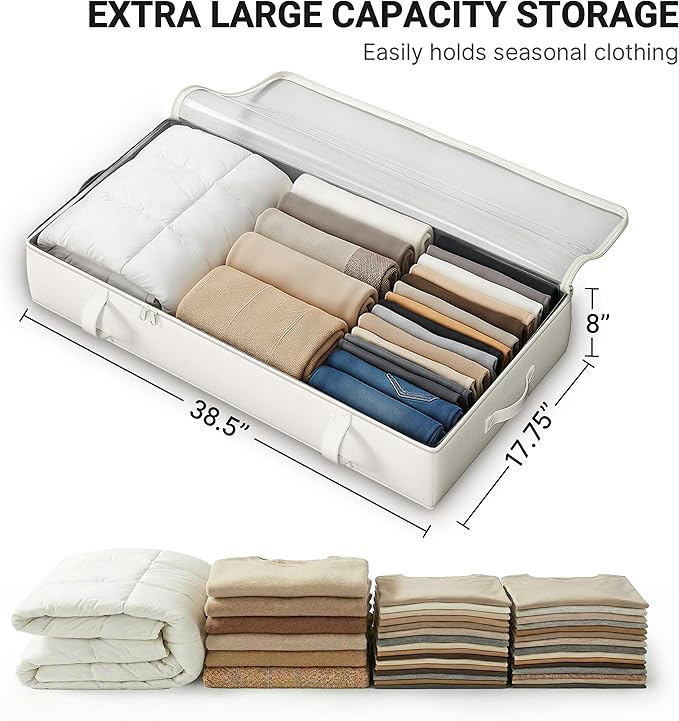 TidyCorner 2-Pack Under Bed Storage Containers, 8 Inches Tall Underbed Clothes Storage Organizer Bin with Sturdy Sidewalls/Bottom, Under the Bed Storage Bags 2 Storage Bins, Beige